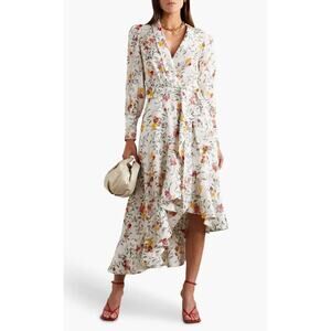 ZIMMERMANN Floral Wrap Linen Midi Dress Elka Vine Ivory Floral Print Ruffle M